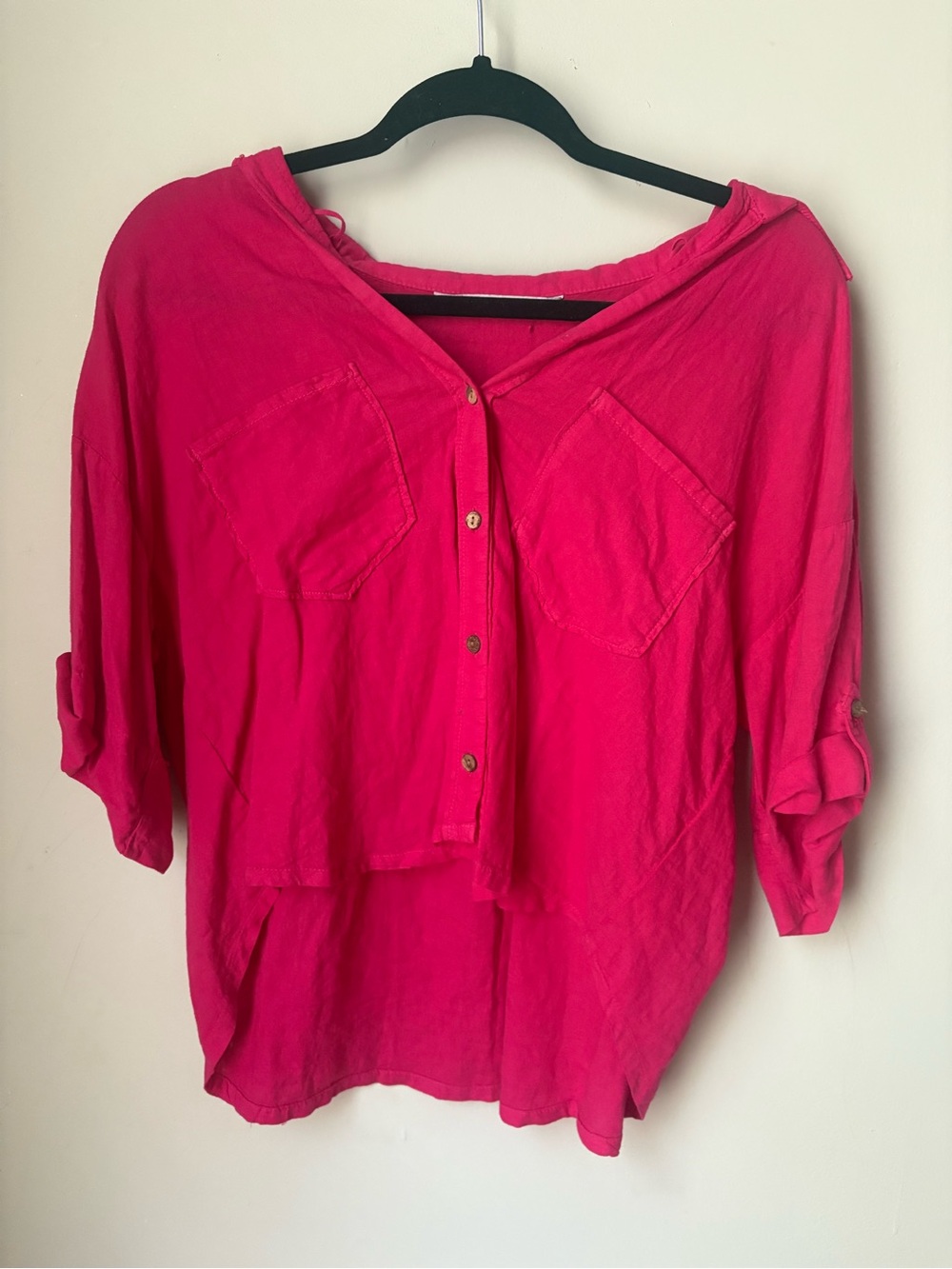 Zara Hot Pink Button-Front Pocket Blouse